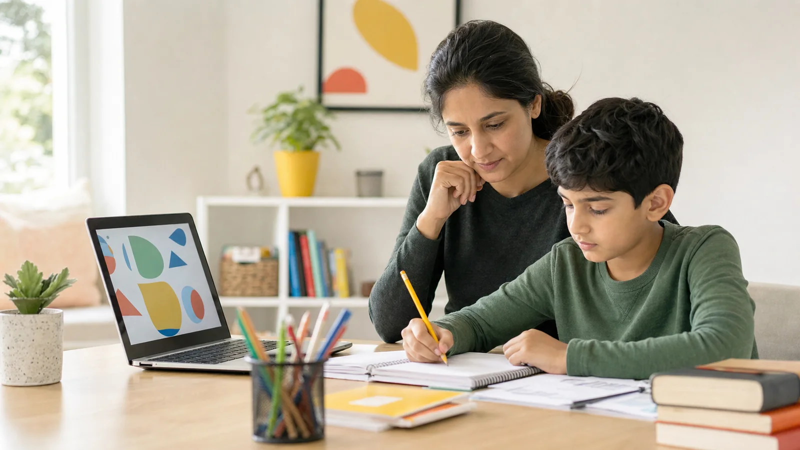 A parent reviewing an at-home learning activity with a child