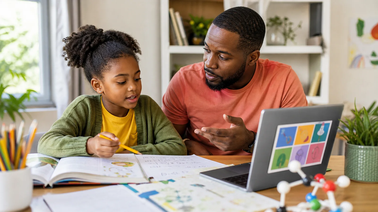 A parent guiding a child through multi-subject learning at home
